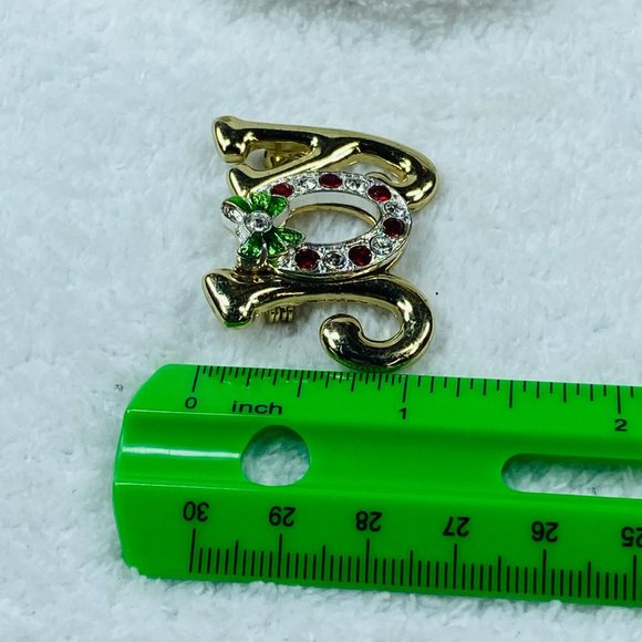 JOY Christmas Pin Brooch Gold Color Wreath Design Around the O Rhinestone Accent - Picture 11 of 13